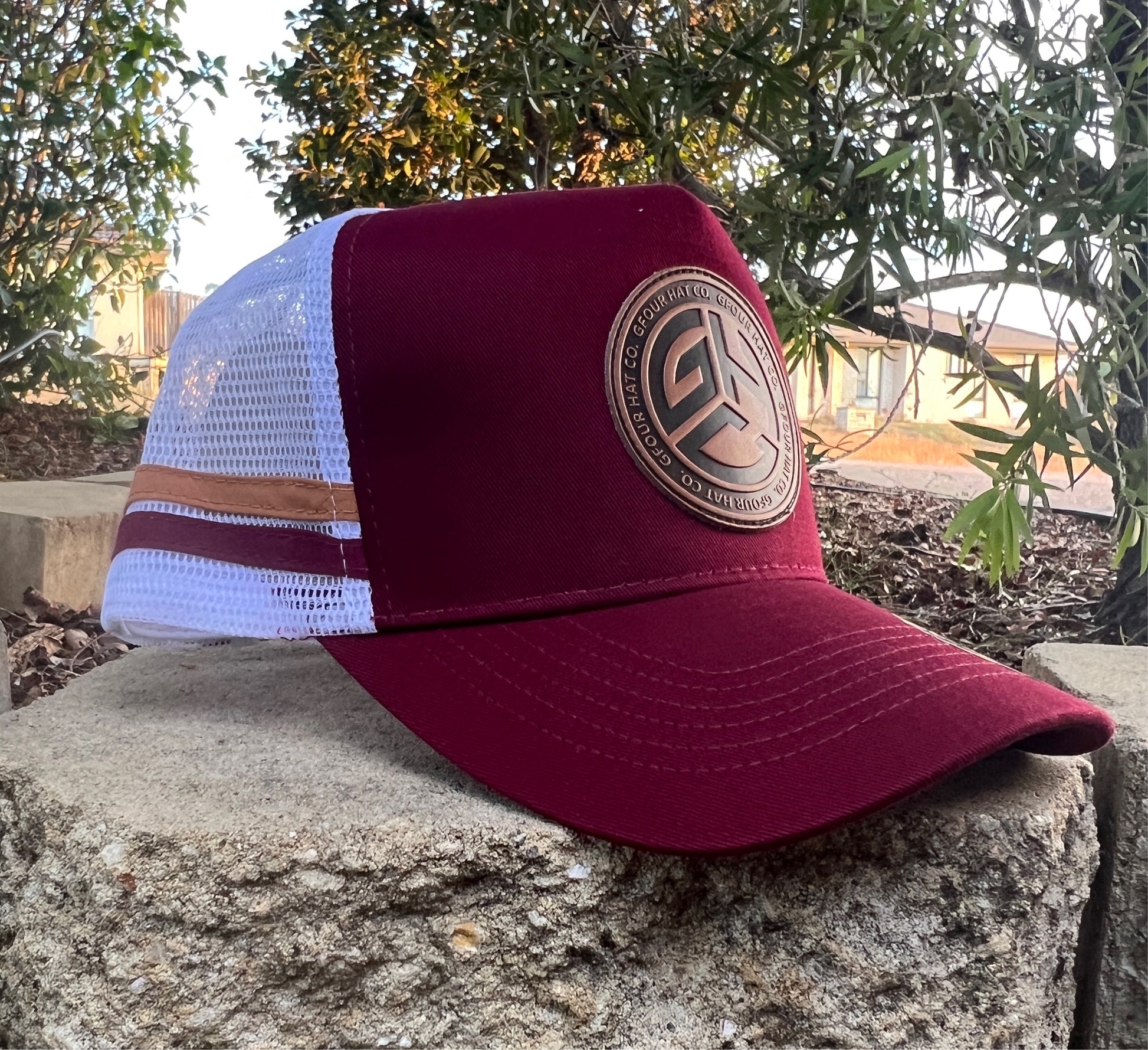 GHC Leather Patch - Maroon/White - GFOUR HAT CO.