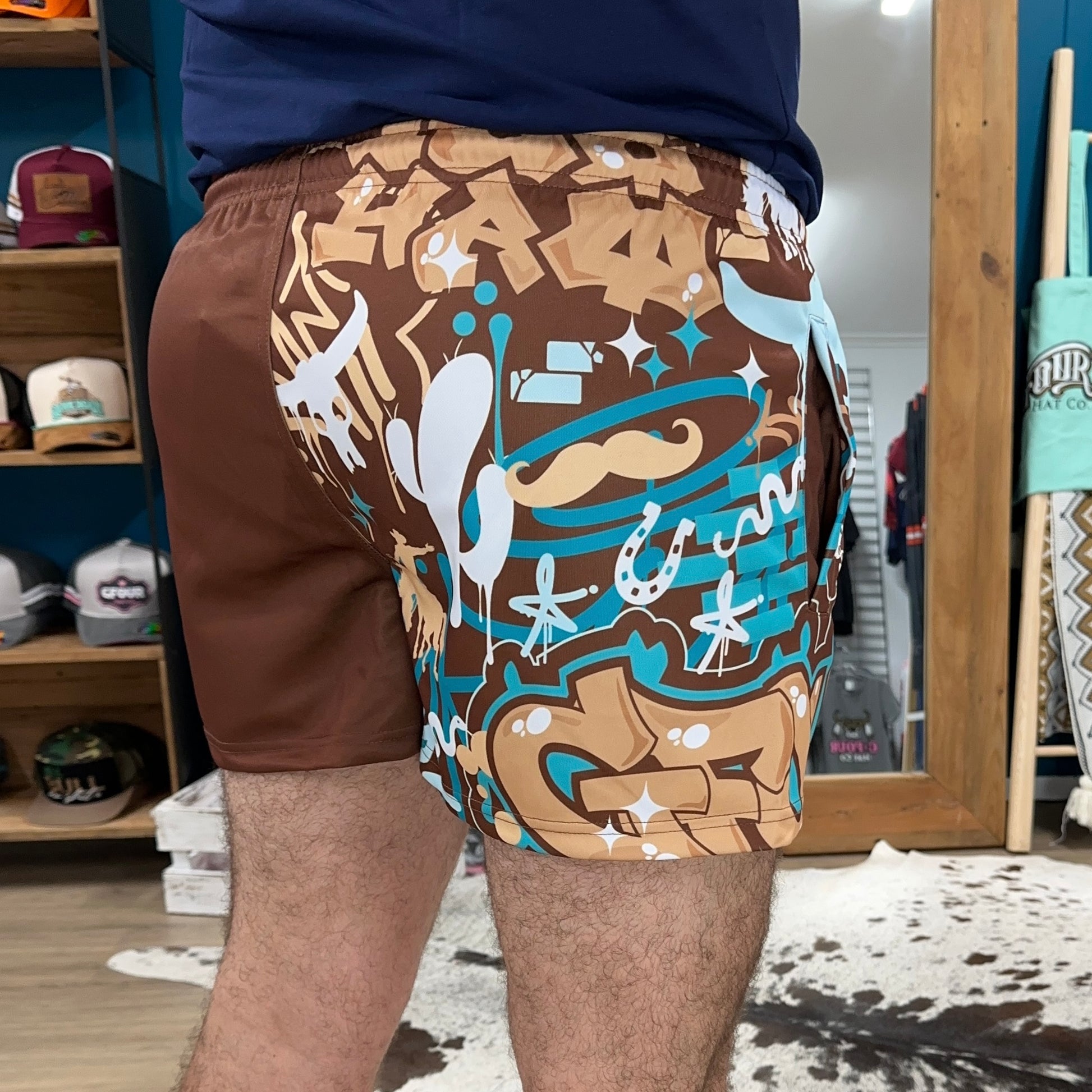 Unisex Footy Shorts - “TagWest" - Brown/Aqua