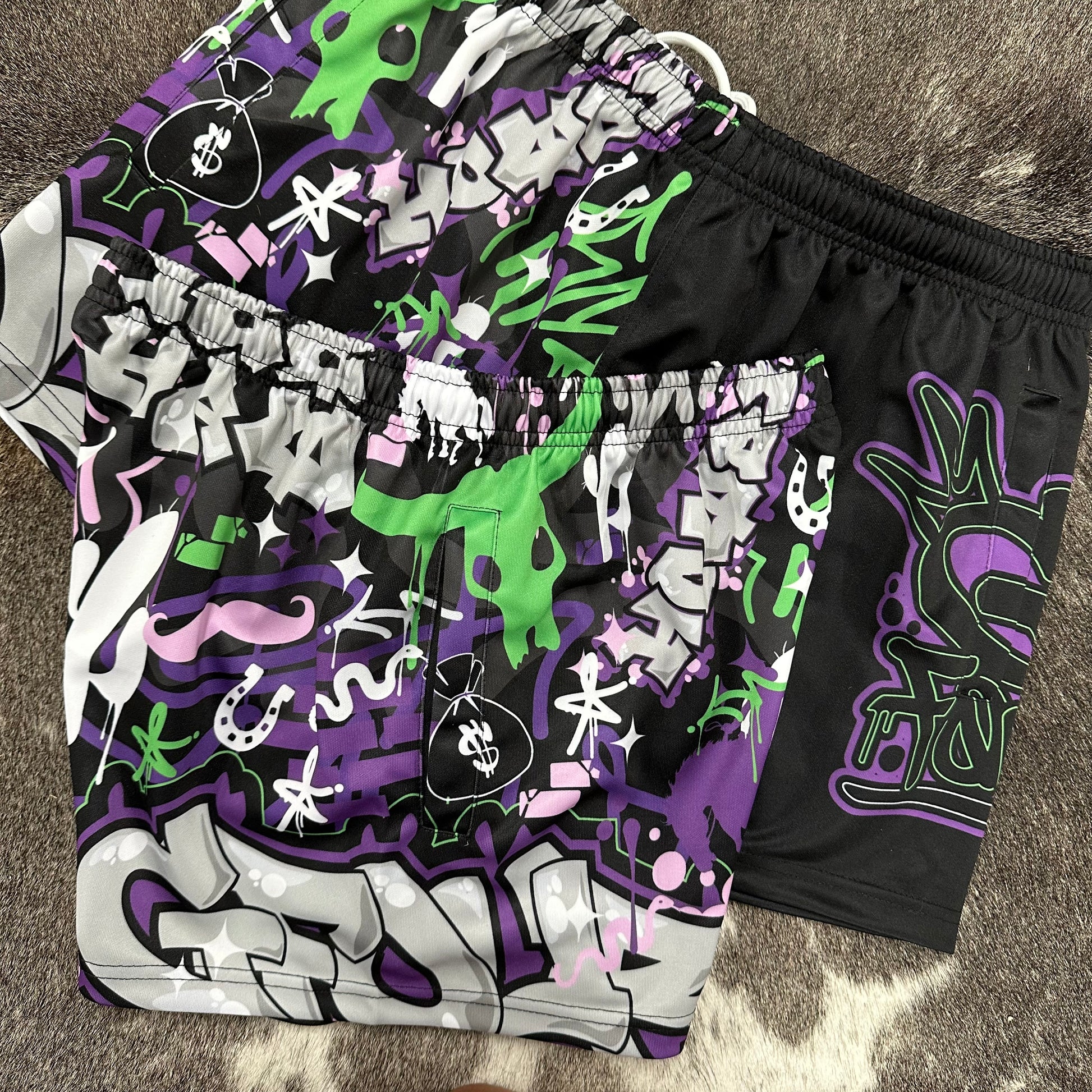 Unisex Footy Shorts - “TagWest" - Purple/Lime