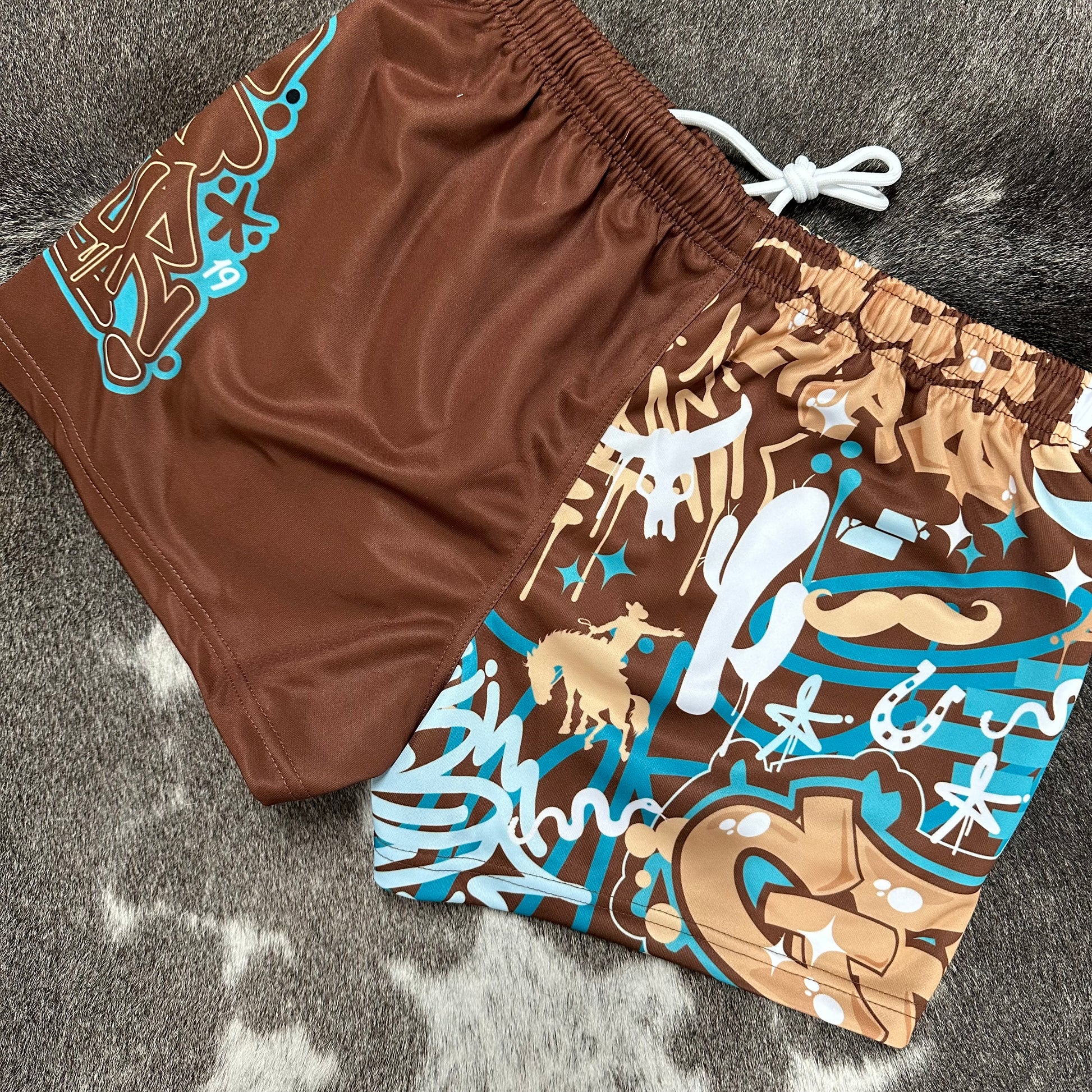 Unisex Footy Shorts - “TagWest" - Brown/Aqua