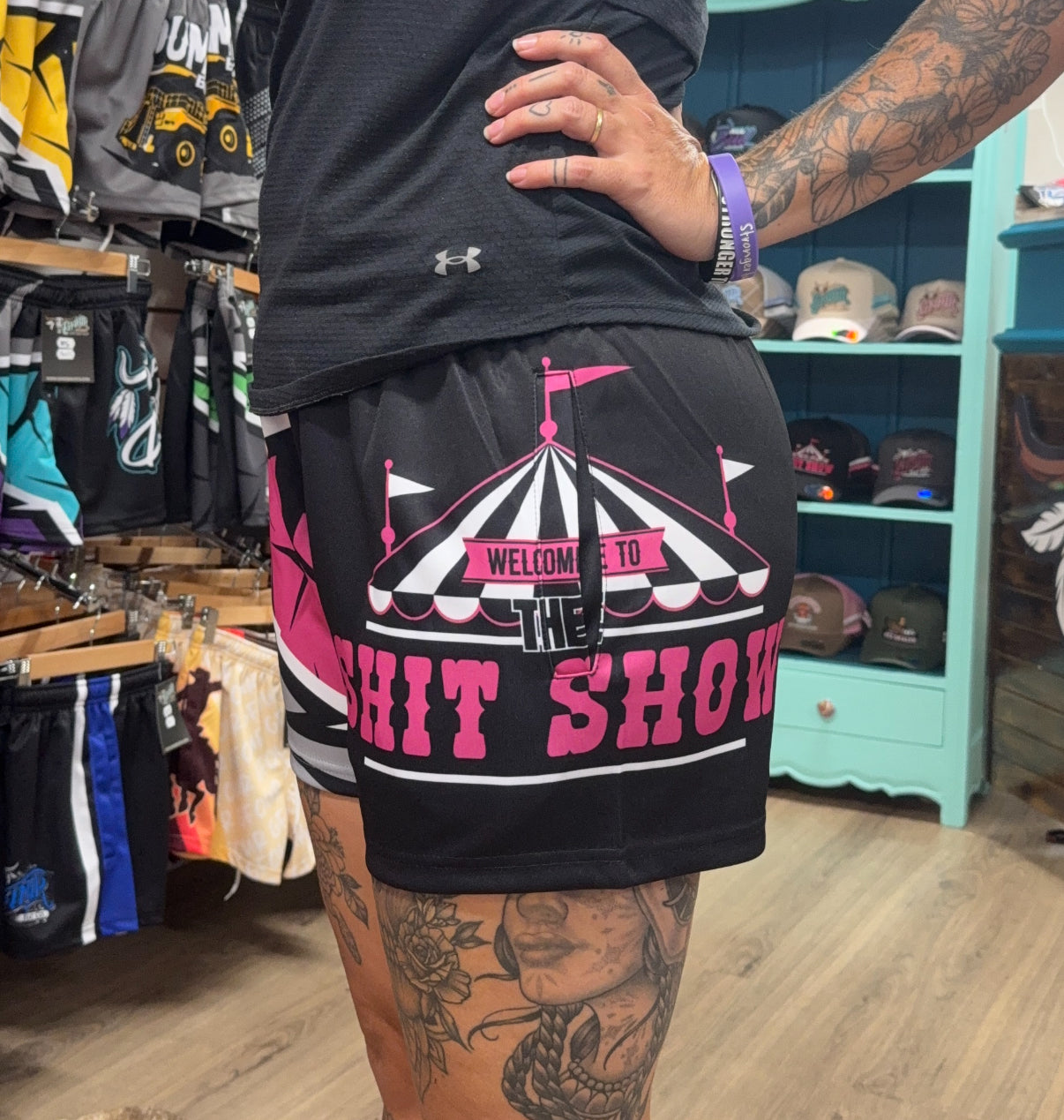 Unisex Footy Shorts - “Shit Show" Pink