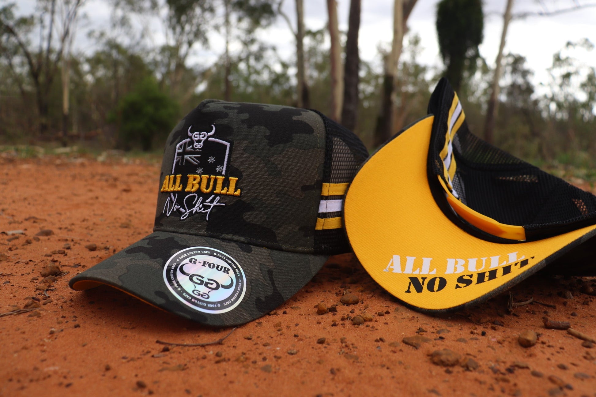 GFOUR Brand Camo and yellow trucker cap All Bull no shit